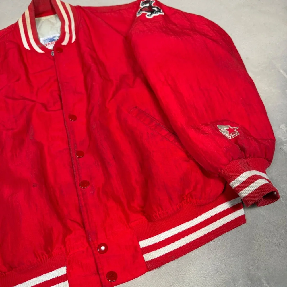 Vintage 80s Starter NC State Wolfpack Satin Varsity Jacket Large Red snap bomber